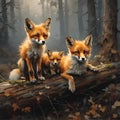 AI generated illustration of a family of foxes resting on a log in the woods Royalty Free Stock Photo