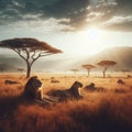 Lion family at sunset, AI generated Illustration