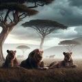 Lion family on the savannah, AI generated Illustration