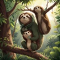 AI generated illustration of a family of sloths on a branch of tree in jungle