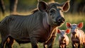 AI generated illustration of a family of wild boars gathering on a grassy hillside