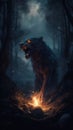 AI generated illustration of a fantastical werewolf standing near a fire in a forest