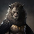 AI generated illustration of a fantasy lion wearing a suit of armor and a cape