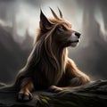 AI generated illustration of a fantasy mythical creature with for and horns on the rocky surface