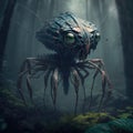 AI-generated illustration of a fantasy spider character in a mysterious forest.