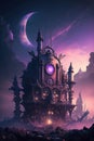 AI generated illustration of a fantasy steampunk castle illuminated with the purple hue of night sky