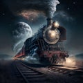 AI generated illustration of a fantasy train in the steampunk style on the background of a full moon