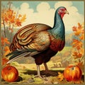 AI generated illustration of a farm turkey in a rustic outdoor setting surrounded by orange pumpkins