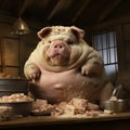 AI generated illustration of a fat pig sitting at a table with food