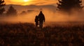 AI generated illustration of a father and a daughter walking on rural hills in fog at golden hour Royalty Free Stock Photo