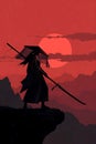 Silhouette Samurai Warrior Standing Before A Dramatic Red Sunset Landscape Artwork Royalty Free Stock Photo