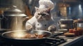 a cat in a chef's outfit cooking food on a stove Royalty Free Stock Photo