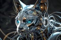 AI generated illustration of a feline robot resembling a human figure with a singular eye