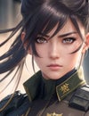 AI generated illustration of female character wearing military gear and with her hair pulled up