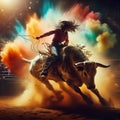 a bullgirl riding a steer in the dirt and clouds Royalty Free Stock Photo