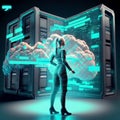 AI generated illustration of a female futuristic robot standing in front of a large data server