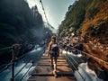 AI generated illustration of a female hiker walking across an arched bridge over a river