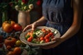 AI generated illustration of a female holding a bowl of vegetables and burrata