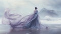 AI generated illustration of a female in long purple dress standing in a stormy beach