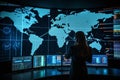 AI-generated illustration of a female professional examining a world map projected onto a screen.