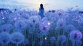 AI generated illustration of a female silhouette in a field of dandelions