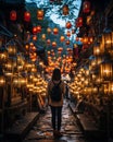 AI generated illustration of a female standing in an urban alleyway illuminated by hanging lanterns Royalty Free Stock Photo