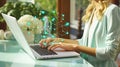 AI generated illustration of a female using a laptop computer with a lock hologram over the keyboard Royalty Free Stock Photo
