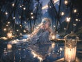 AI generated illustration of a female in a white dress sitting at a lake with fireflies in a forest