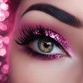 AI generated illustration of a female's eye in pink sparkly makeup