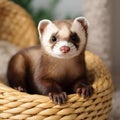 AI generated illustration of a ferret resting in a light-colored wicker basket