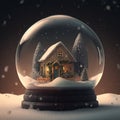 AI-generated illustration of a festive Christmas snow globe featuring a quaint house.