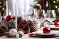 AI generated illustration of festive Christmas table scene featuring red and white decorations Royalty Free Stock Photo