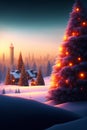 AI generated illustration of a festive Christmas tree and a charming village in the background
