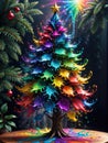 AI generated illustration of a festive Christmas tree decorated with colorful rainbows
