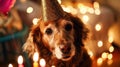 AI generated illustration of a festive dog wearing a party hat next to a glowing birthday lights