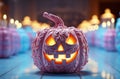 AI generated illustration of a festive Halloween decoration, featuring a large, bright pumpkin