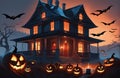 AI generated illustration of a Halloween scene featuring a house decorated with jack-o'-lanterns Royalty Free Stock Photo