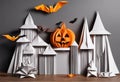 AI generated illustration of a festive orange pumpkin, bats, and a paper castle decoration