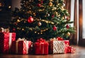 AI generated illustration of a festive scene of Christmas presents arranged around a Christmas tree Royalty Free Stock Photo
