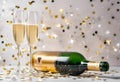 AI generated illustration of a festive scene featuring two flutes and a bottle of champagne Royalty Free Stock Photo