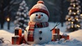 AI generated illustration of a festive snowman wearing a winter hat and scarf