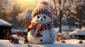 AI generated illustration of a festive snowman wearing a winter hat and scarf
