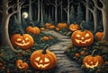 AI generated illustration of festive spooky Halloween pumpkins glowing in the moonlit woods