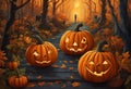 AI generated illustration of festive spooky Halloween pumpkins glowing in the moonlit woods