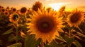 AI generated illustration of a field of bright yellow sunflowers illuminated by a golden sunset Royalty Free Stock Photo