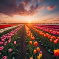 AI generated illustration of a field of colorful tulips with the sunset in the background Royalty Free Stock Photo