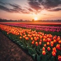 AI generated illustration of a field of colorful tulips with the sunset in the background Royalty Free Stock Photo