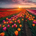 AI generated illustration of a field of colorful tulips with the sunset in the background Royalty Free Stock Photo