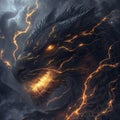 AI generated illustration of a fierce dragon head amidst lightning, surrounded by clouds Royalty Free Stock Photo