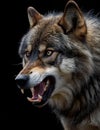 a large gray wolf snarls in a dark room with dark background